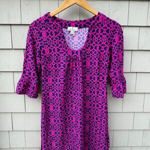 Jude Connally Ladies Holiday Dress Ruffle Sleeve Blue Pink